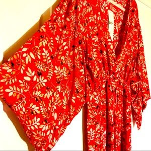 Red Maxi Kimono Dress W/ Cinched Waist